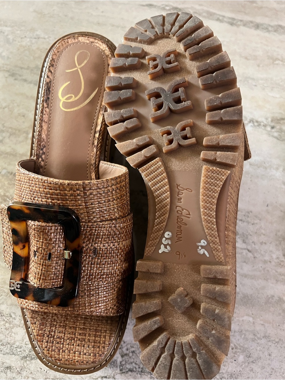 Sam Edelman Woven Tan Slide Mule with Tortoiseshell Buckle
